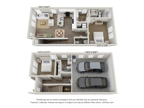 a stylized floor plan of a two bedroom apartment with a car in the garage